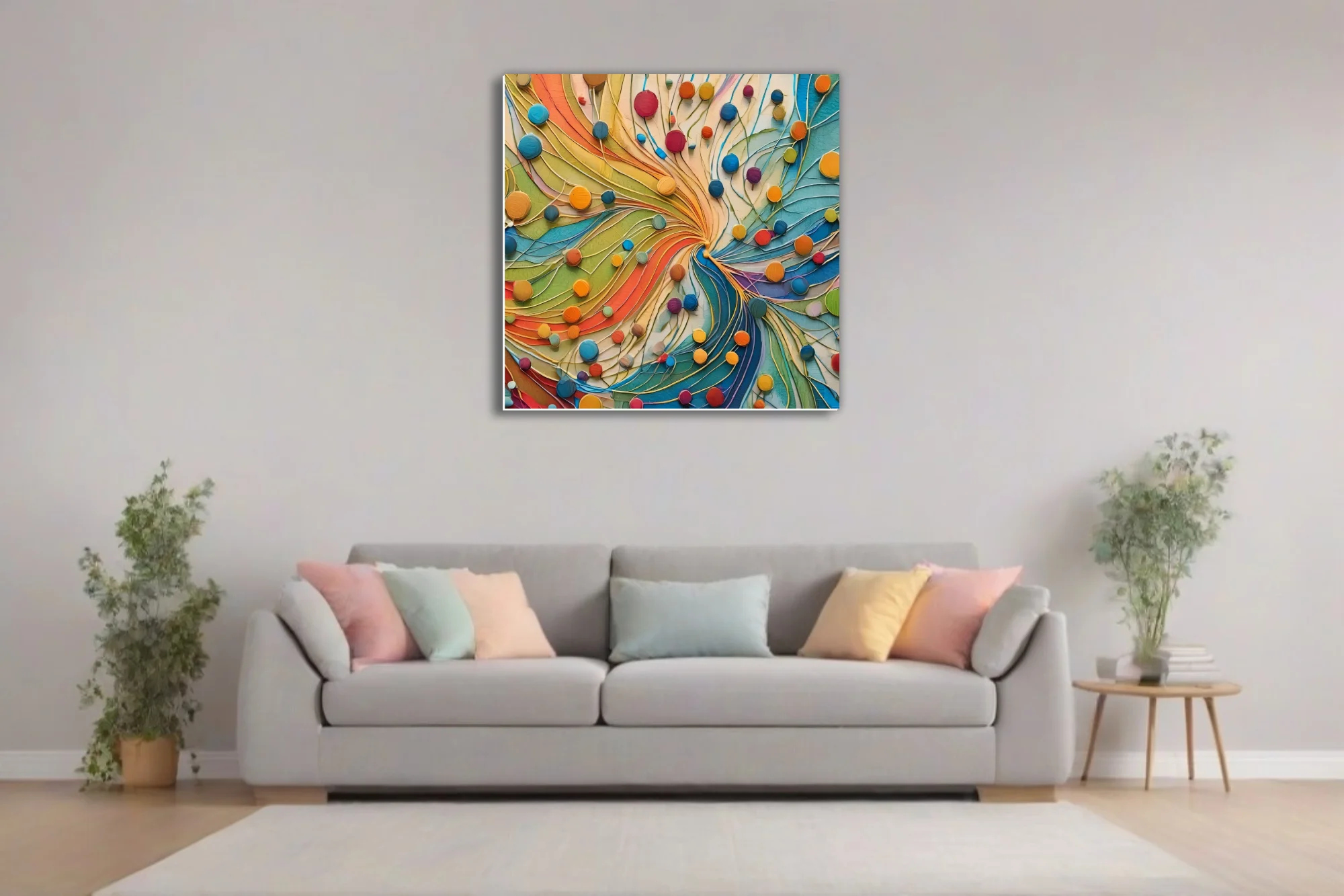 Bold colorful abstract swirl with circular dots and layered strokes in rainbow palette
