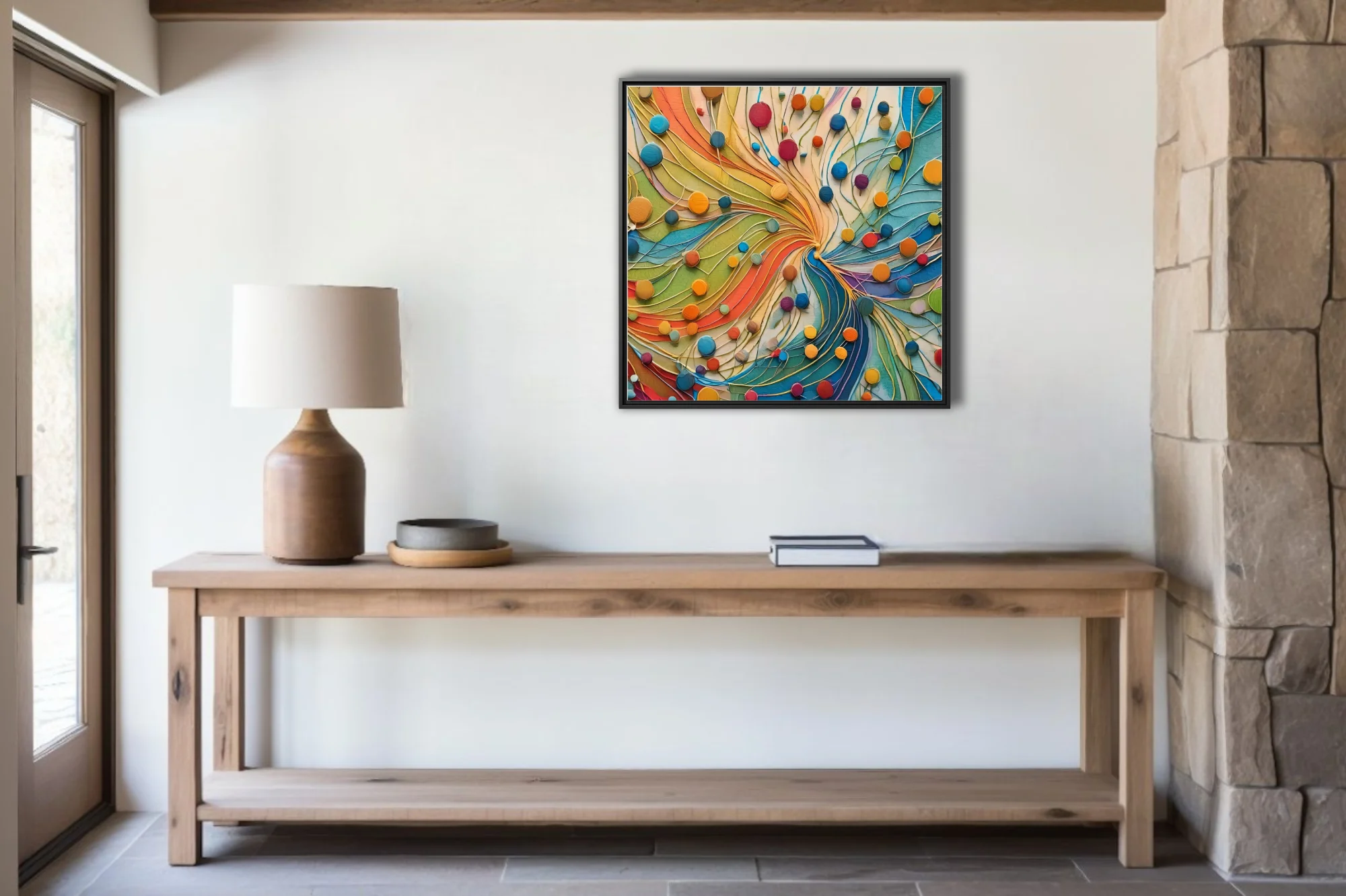 Bold colorful abstract swirl with circular dots and layered strokes in rainbow palette