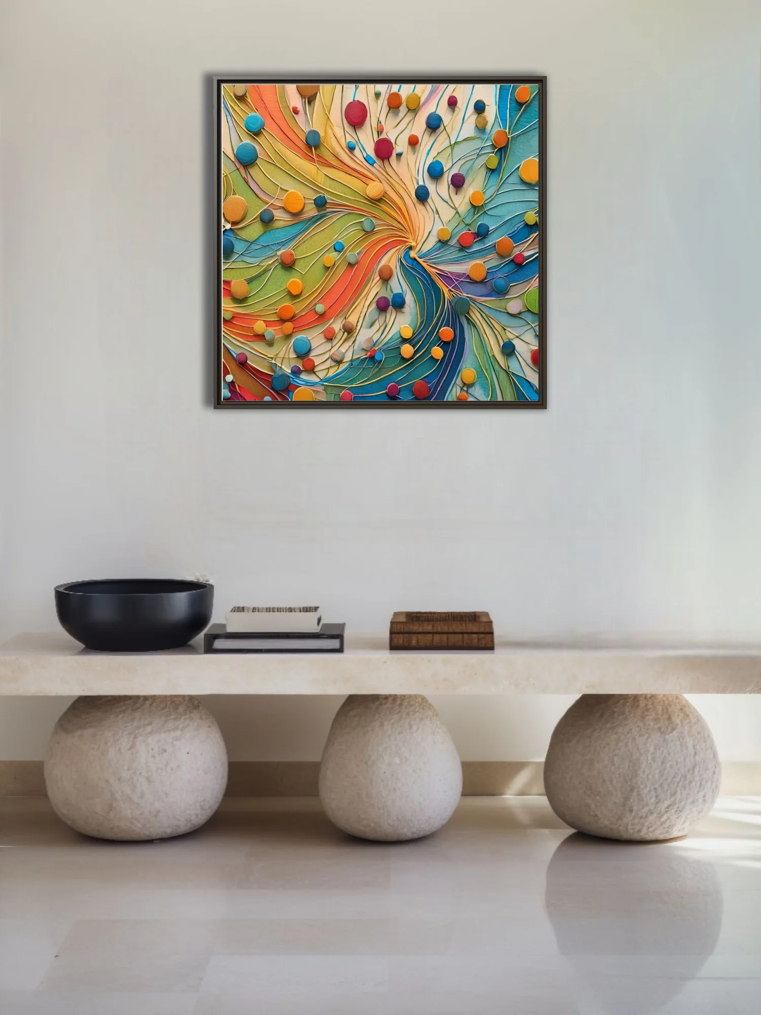 Bold colorful abstract swirl with circular dots and layered strokes in rainbow palette