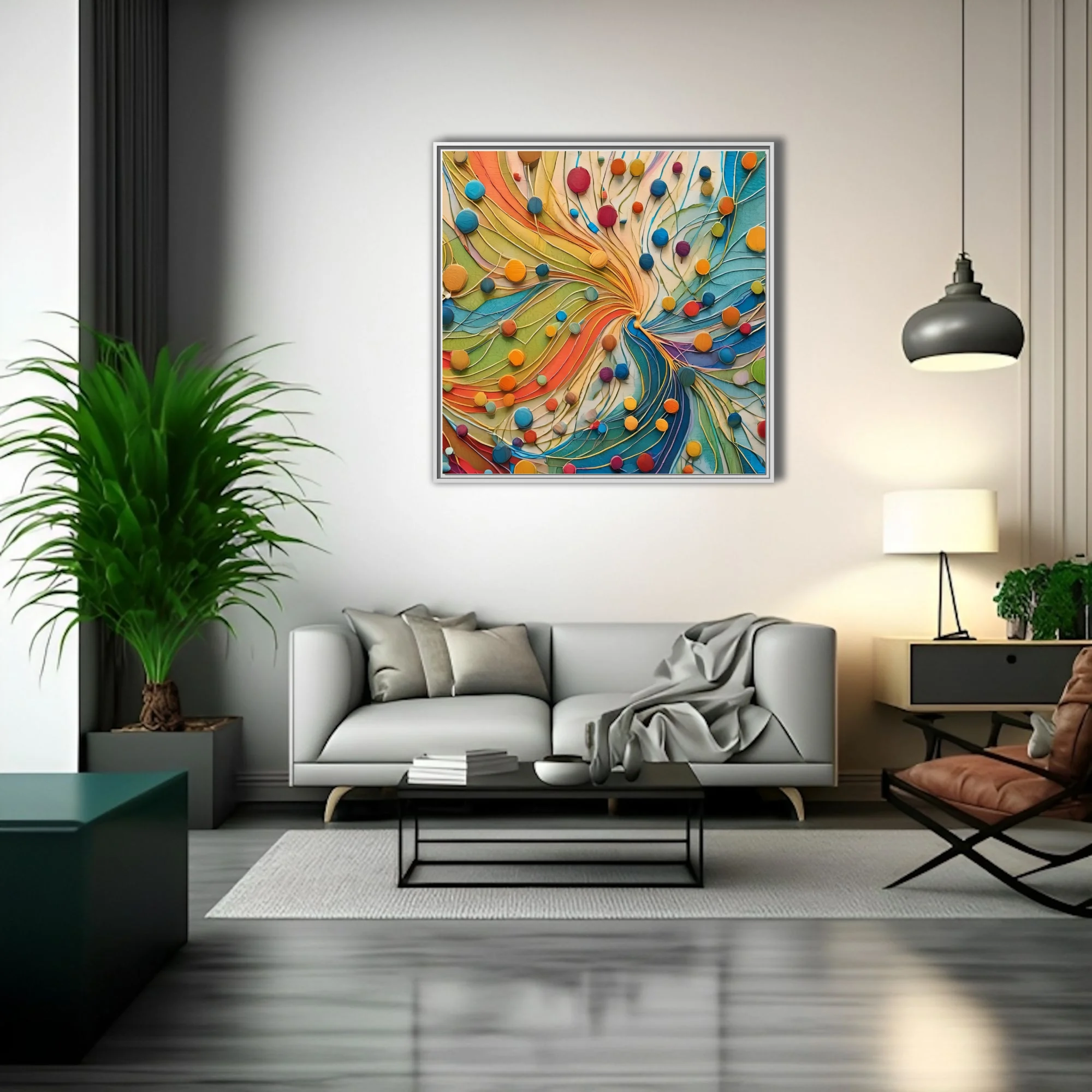 Bold colorful abstract swirl with circular dots and layered strokes in rainbow palette