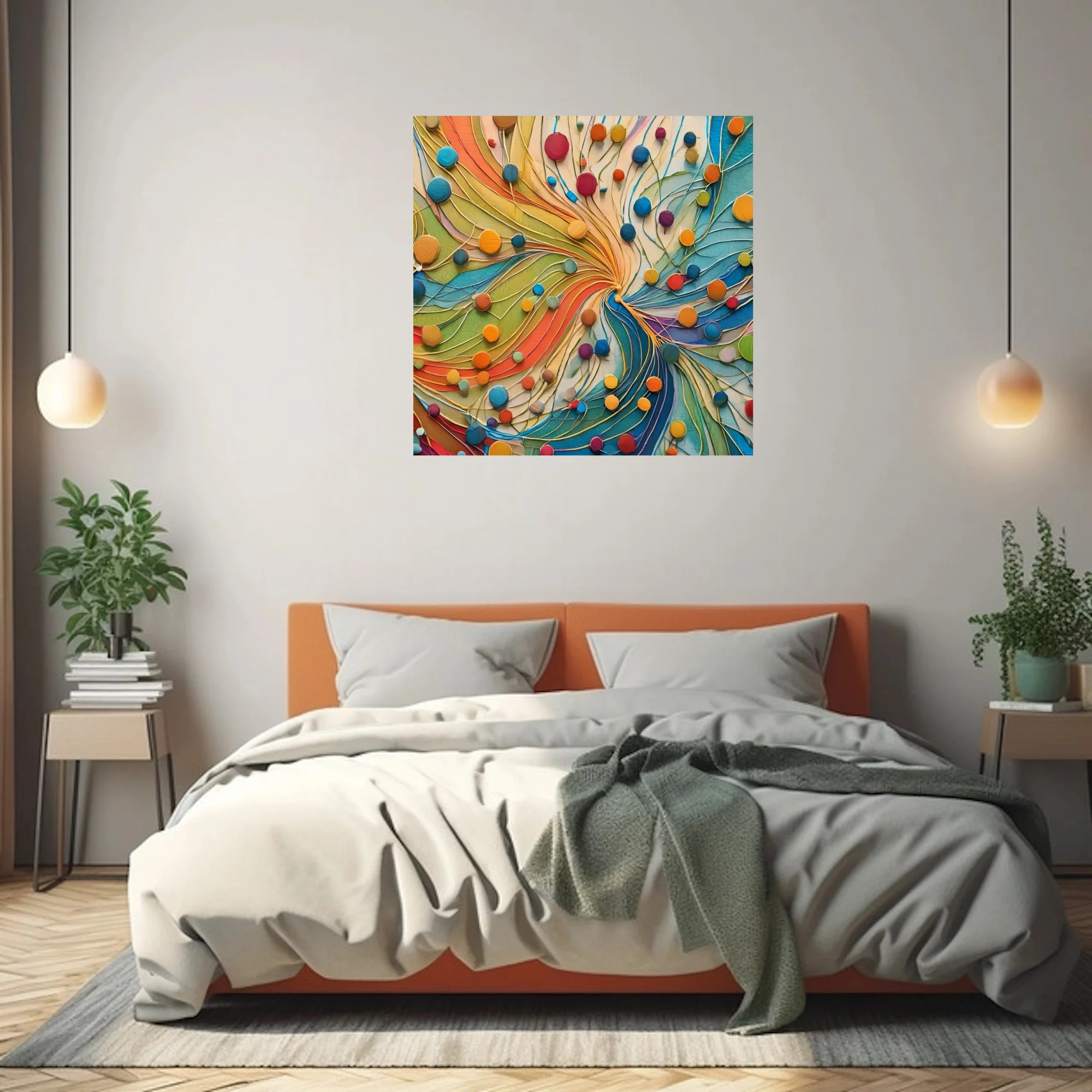 Bold colorful abstract swirl with circular dots and layered strokes in rainbow palette