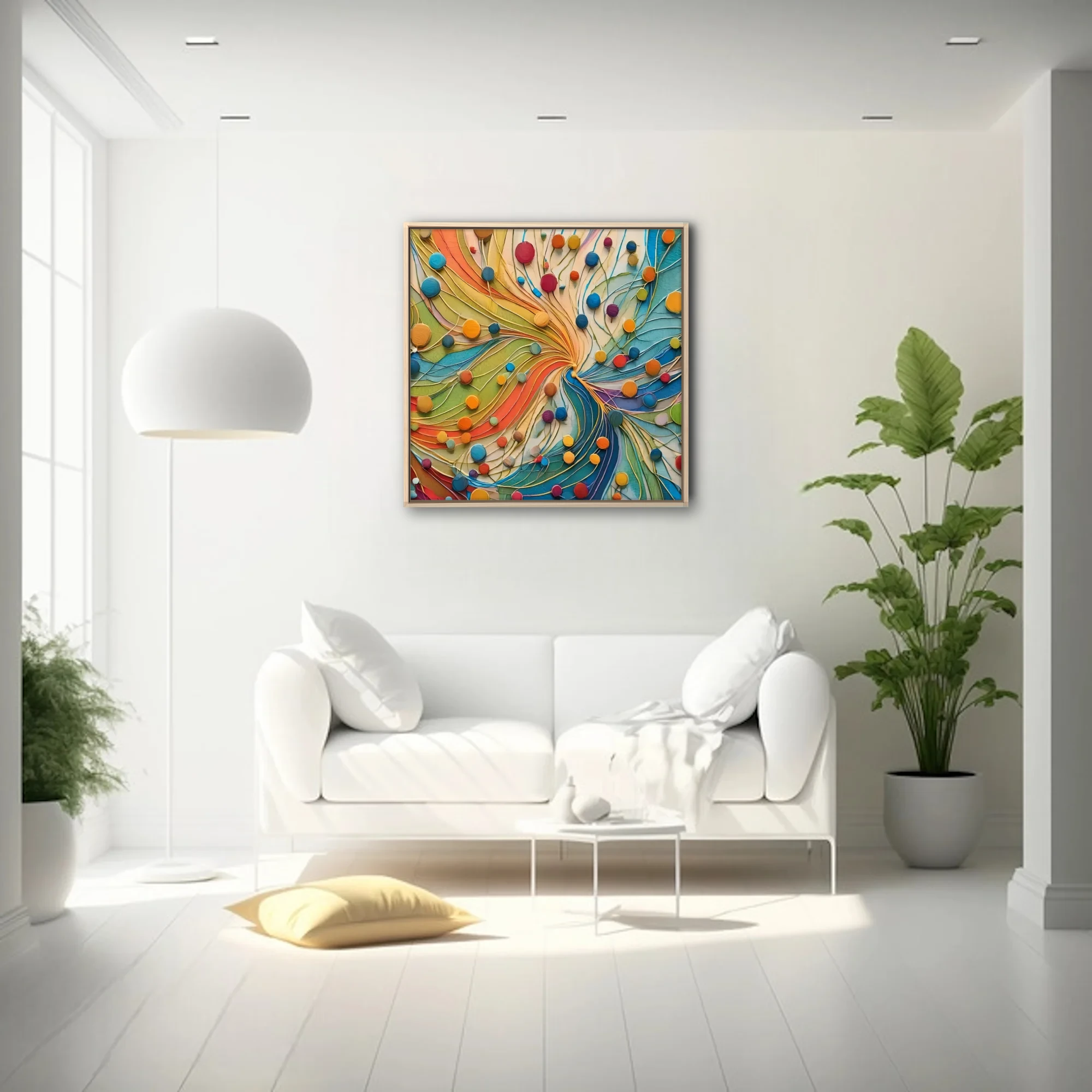 Bold colorful abstract swirl with circular dots and layered strokes in rainbow palette
