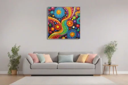 Vibrant rainbow swirl abstract with cosmic orbs and in bold maximalist style
