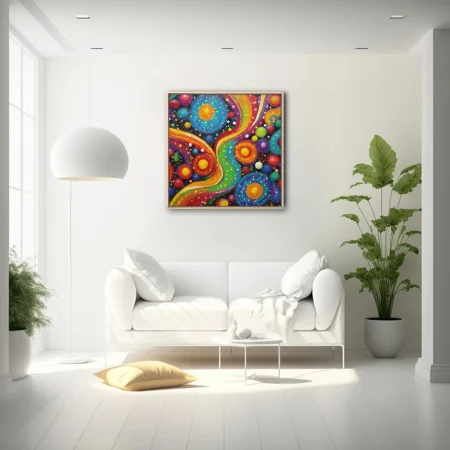 Vibrant rainbow swirl abstract with cosmic orbs and in bold maximalist style