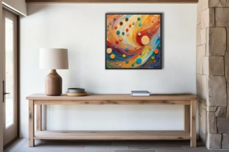 Vibrant rainbow swirl abstract with and colorful orb dabs, kinetic contemporary wall art