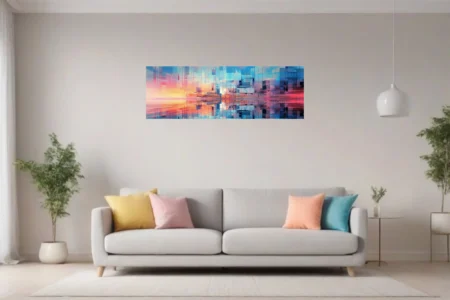 Abstract glass cityscape with prismatic blue and coral reflections, geometric fragmentation