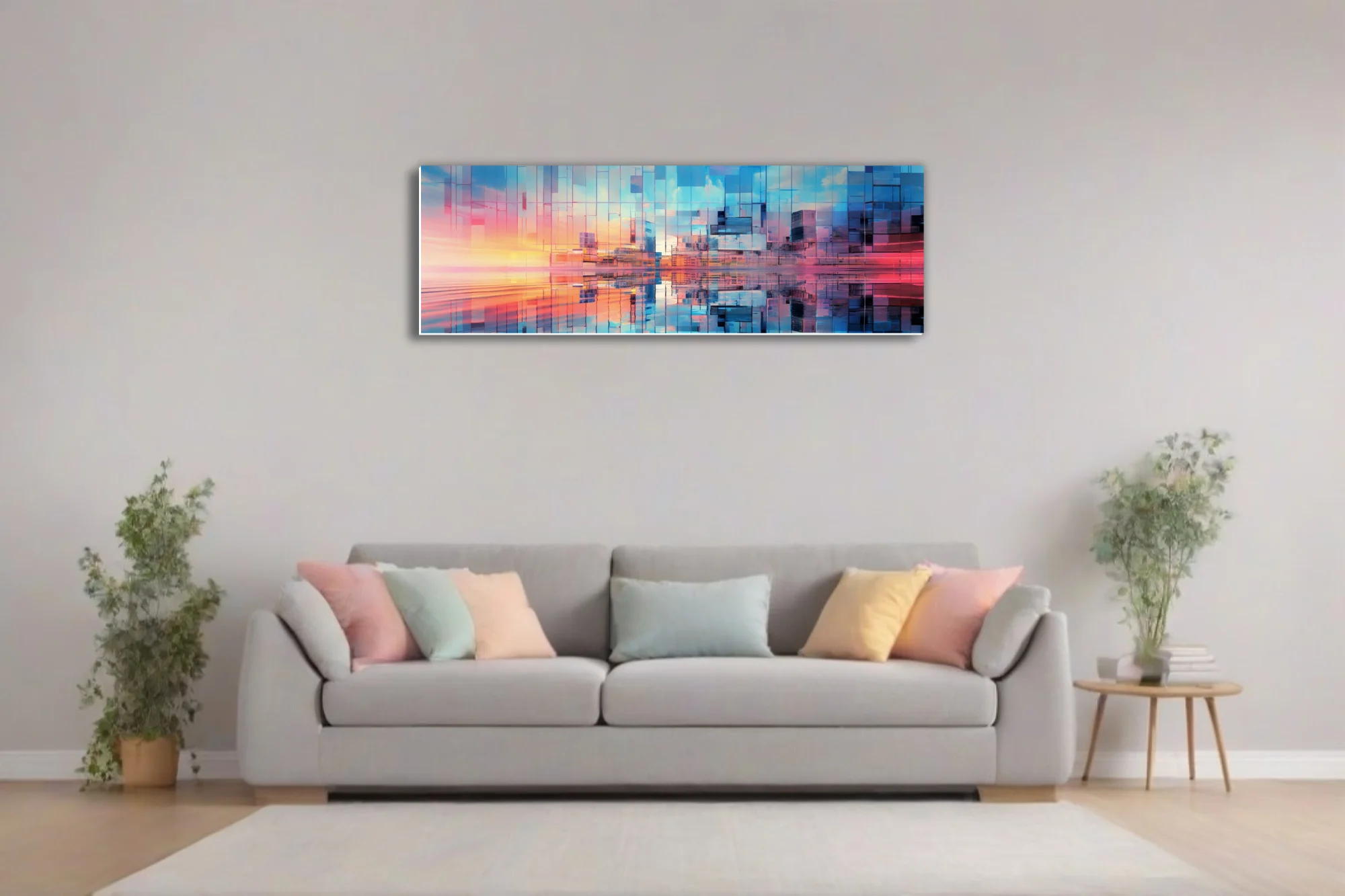 Abstract glass cityscape with prismatic blue and coral reflections, geometric fragmentation
