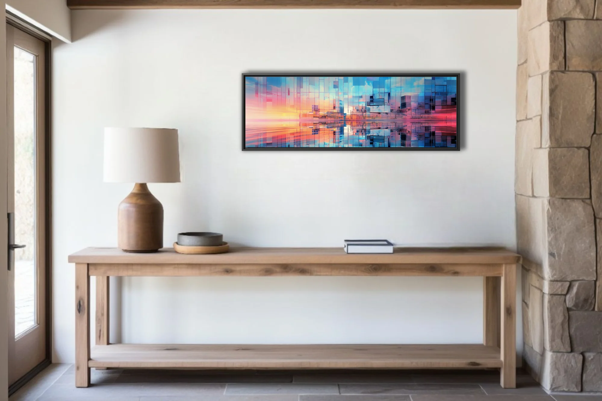 Abstract glass cityscape with prismatic blue and coral reflections, geometric fragmentation