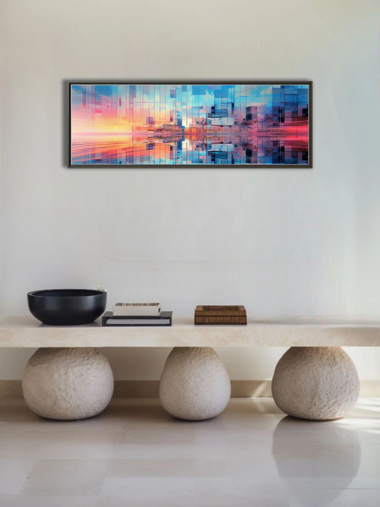 Abstract glass cityscape with prismatic blue and coral reflections, geometric fragmentation