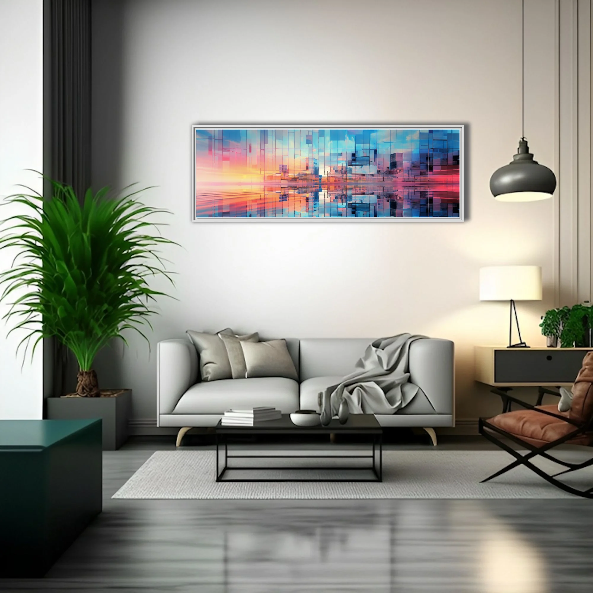 Abstract glass cityscape with prismatic blue and coral reflections, geometric fragmentation