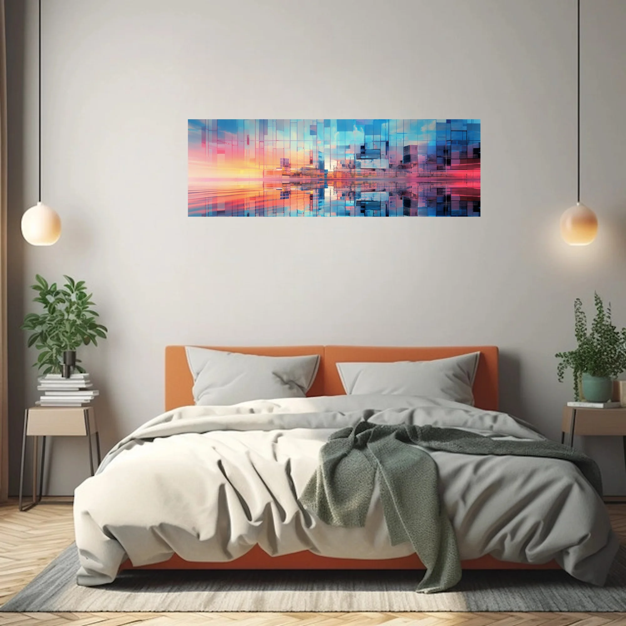 Abstract glass cityscape with prismatic blue and coral reflections, geometric fragmentation