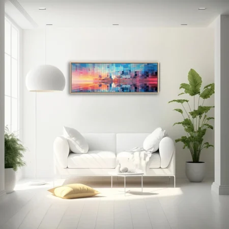Abstract glass cityscape with prismatic blue and coral reflections, geometric fragmentation