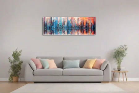 Abstract city skyline in blue, coral and orange with water reflections