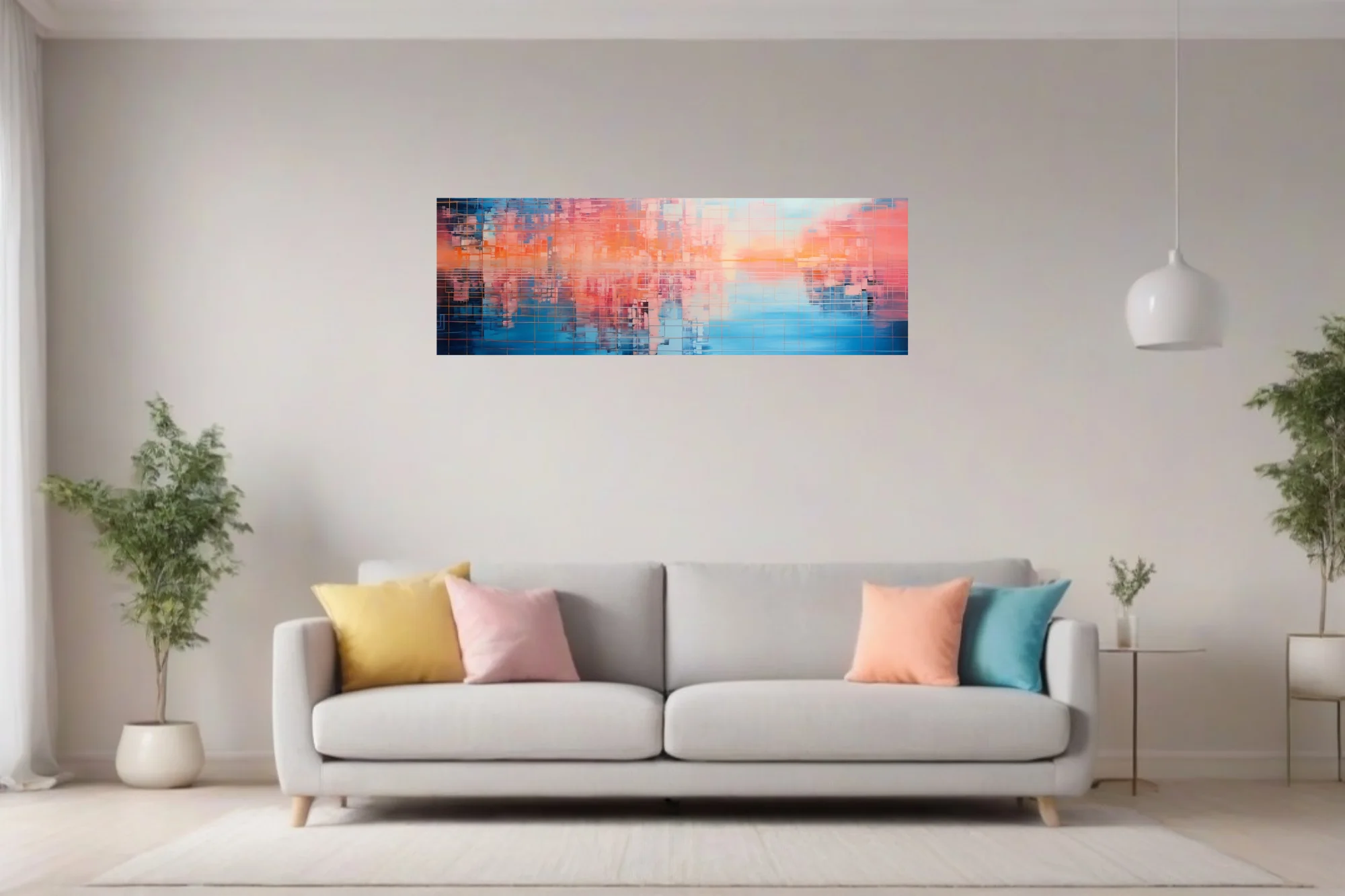 Abstract urban skyline art in coral orange and blue mosaic grid