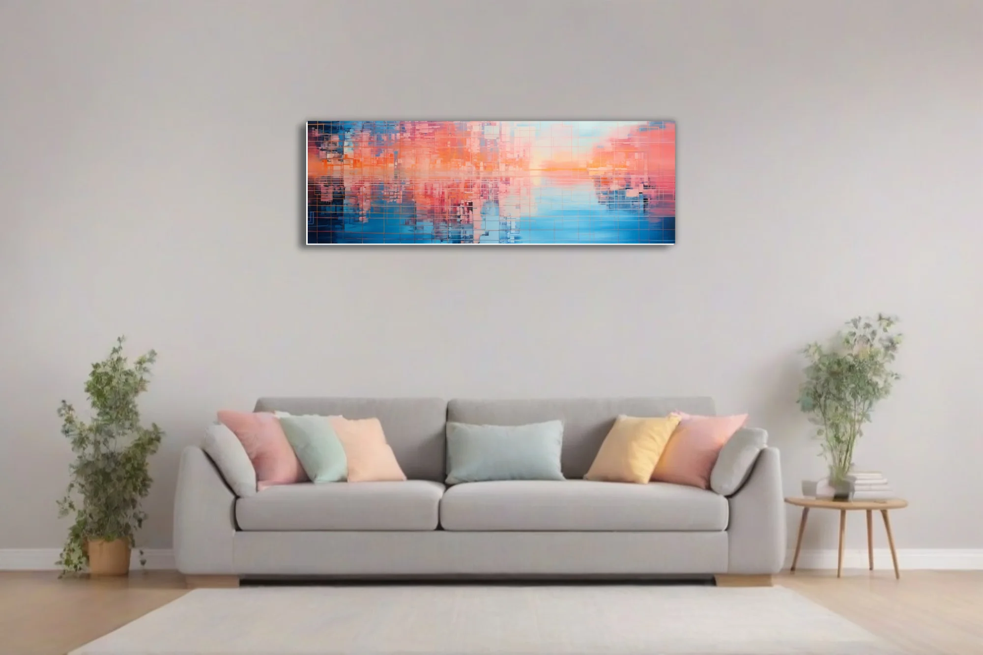Abstract urban skyline art in coral orange and blue mosaic grid