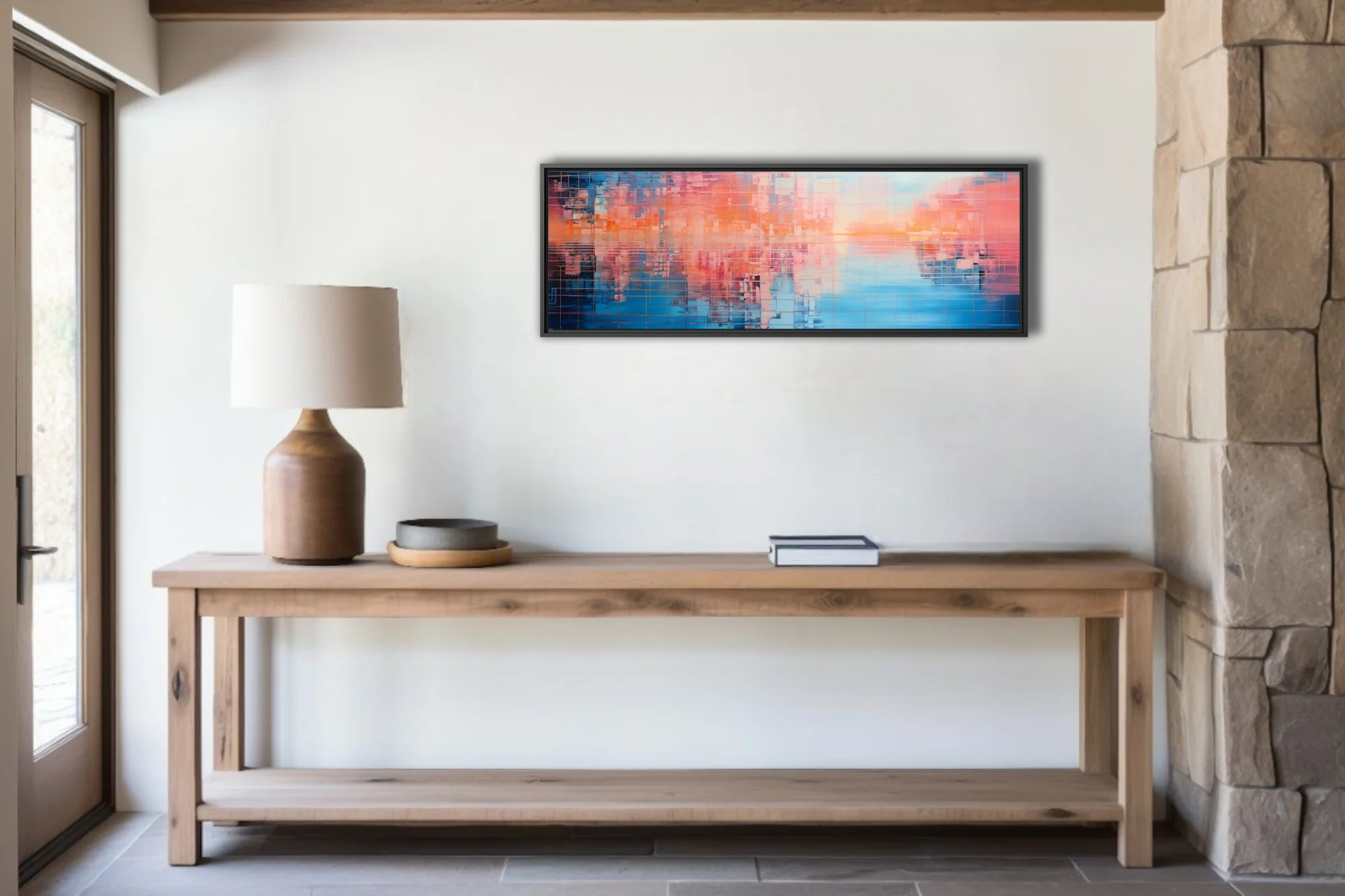 Abstract urban skyline art in coral orange and blue mosaic grid