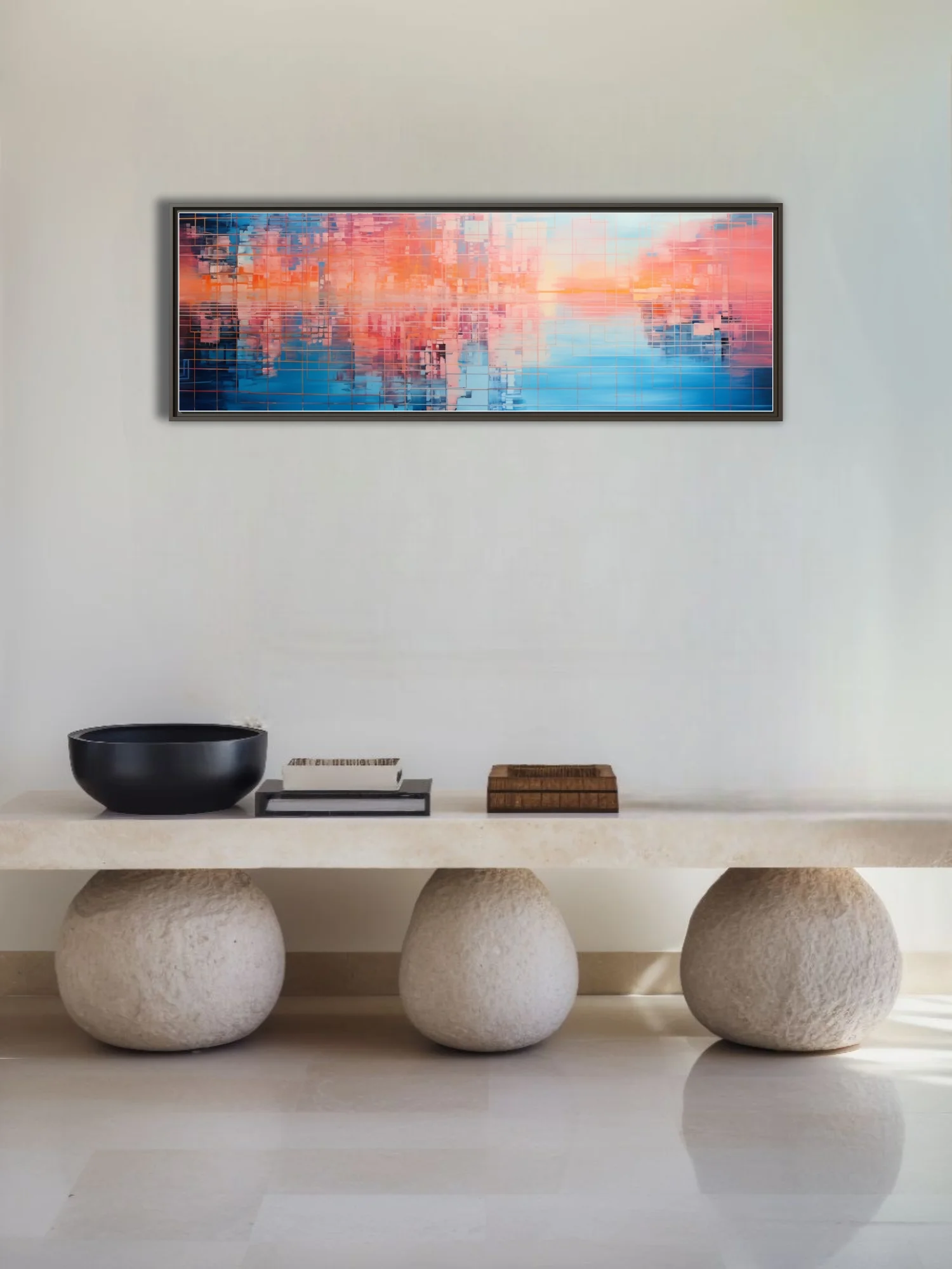 Abstract urban skyline art in coral orange and blue mosaic grid