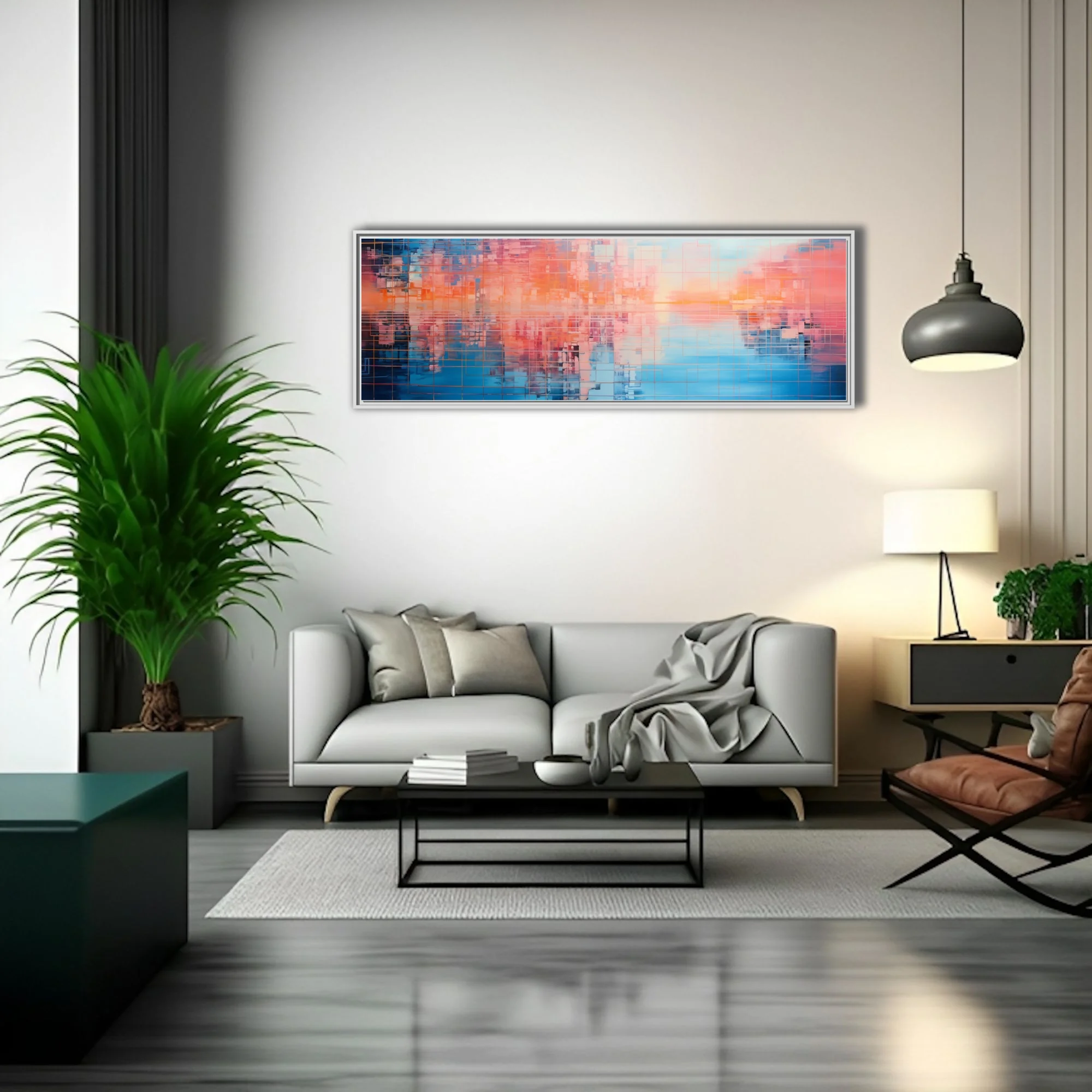 Abstract urban skyline art in coral orange and blue mosaic grid
