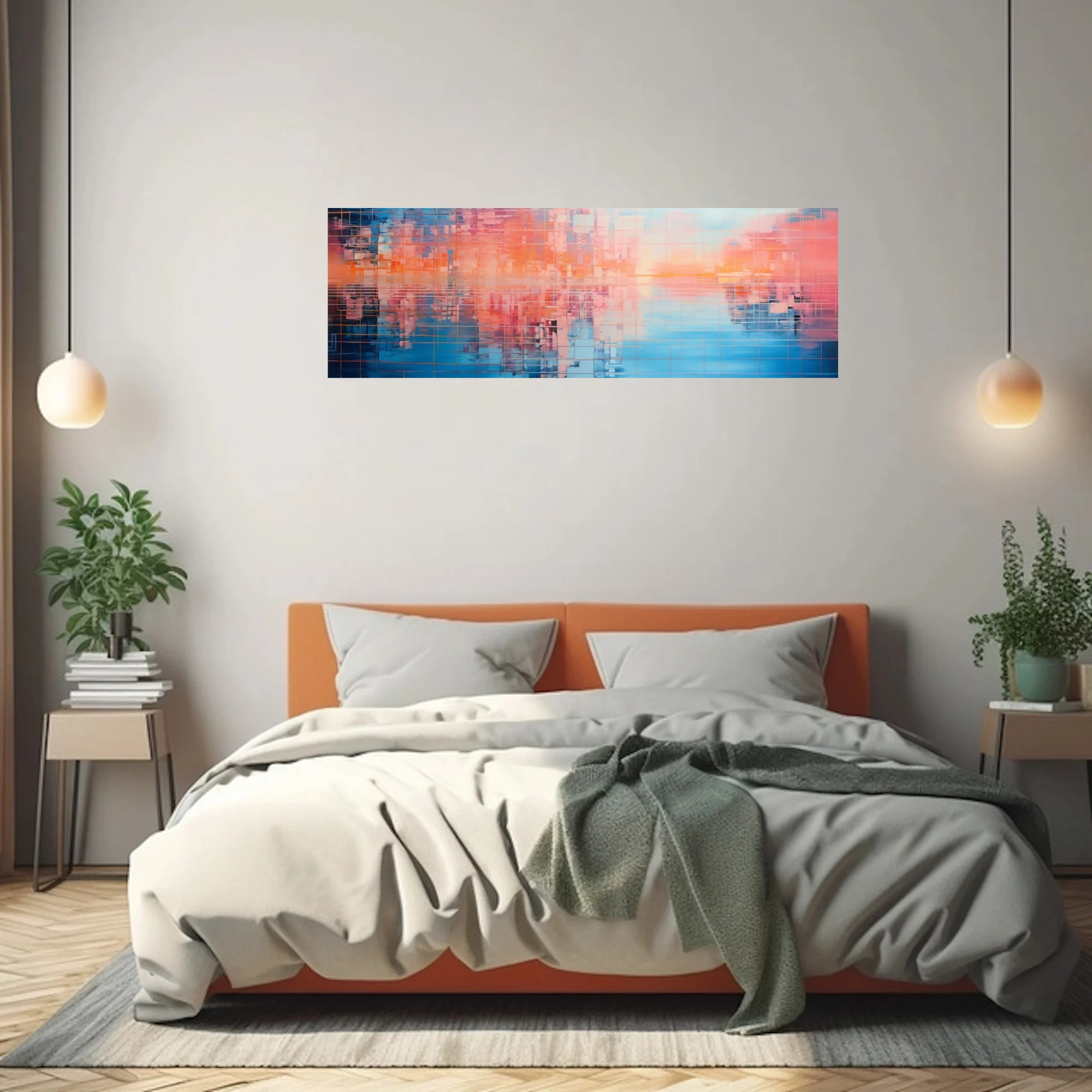 Abstract urban skyline art in coral orange and blue mosaic grid