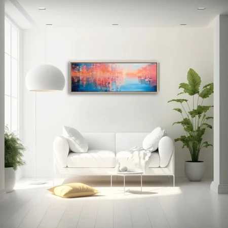 Abstract urban skyline art in coral orange and blue mosaic grid