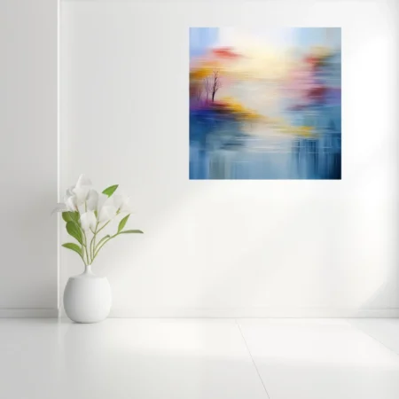 Soft-focus abstract landscape in hazy blue, gold and blush with bare tree silhouettes