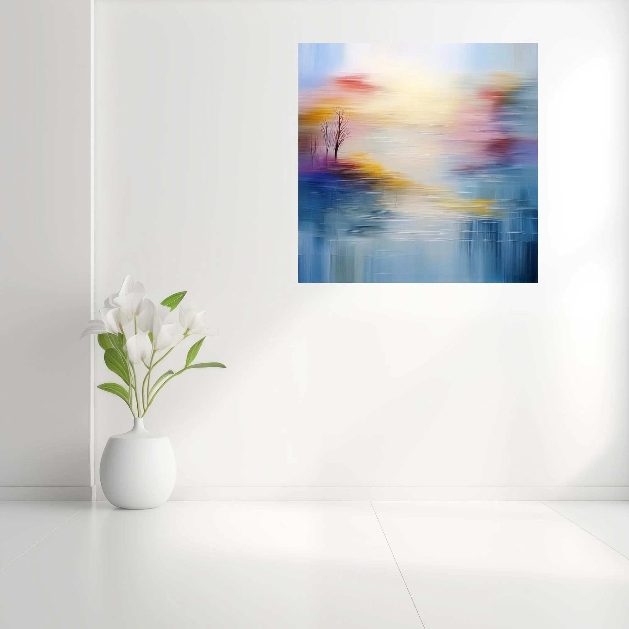 Soft-focus abstract landscape in hazy blue, gold and blush with bare tree silhouettes