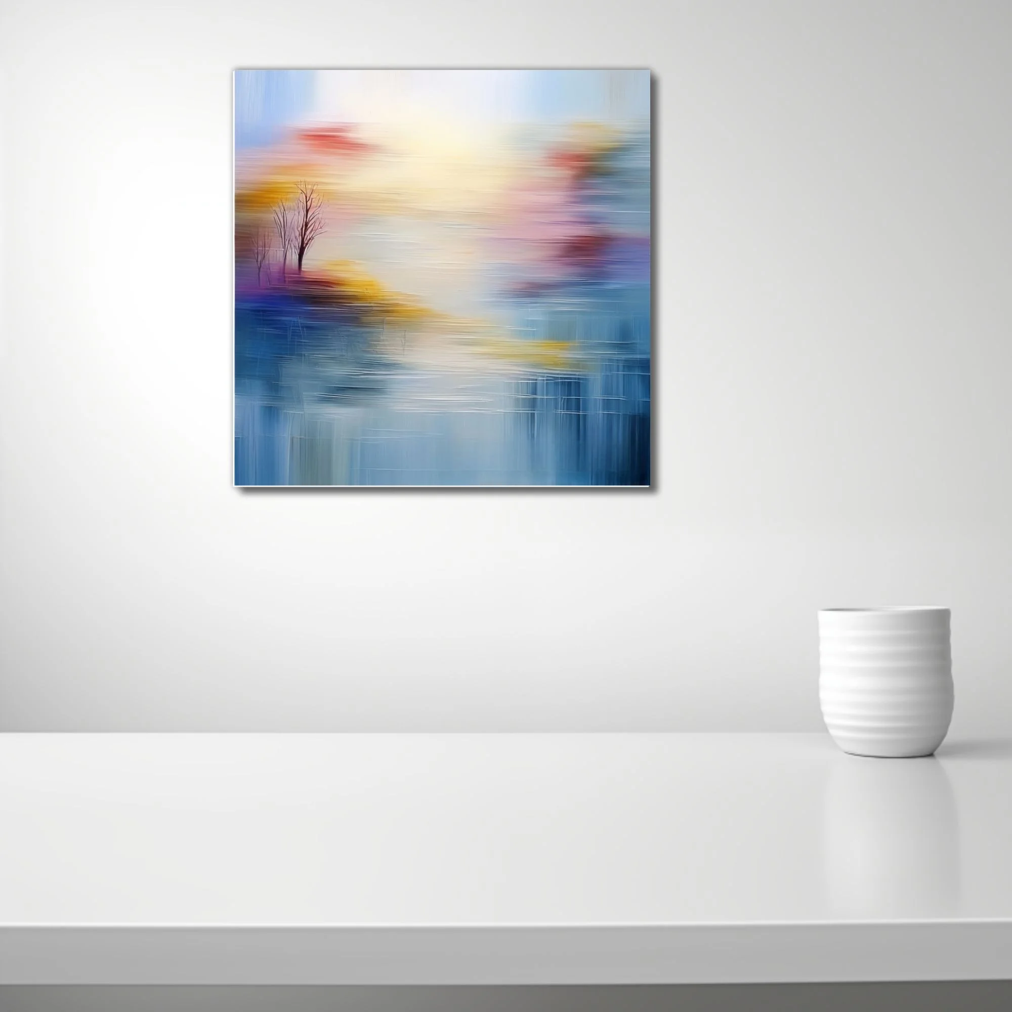 Soft-focus abstract landscape in hazy blue, gold and blush with bare tree silhouettes