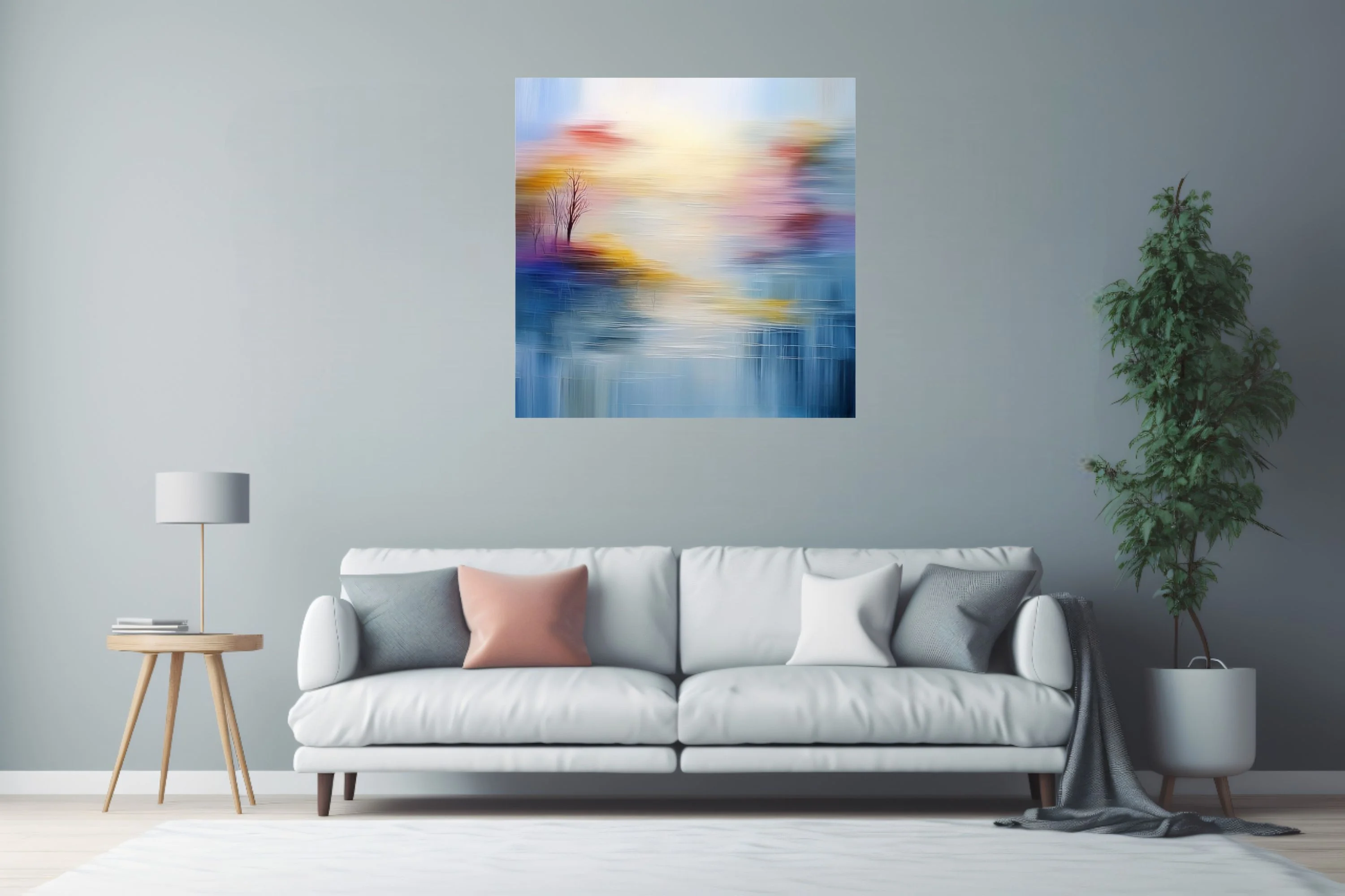 Soft-focus abstract landscape in hazy blue, gold and blush with bare tree silhouettes