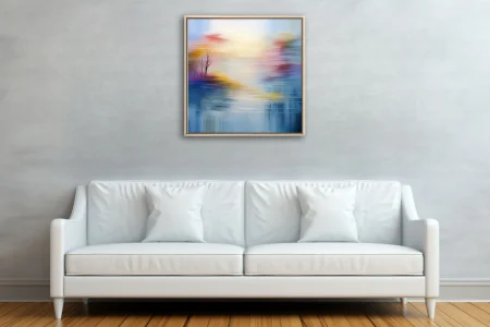 Soft-focus abstract landscape in hazy blue, gold and blush with bare tree silhouettes