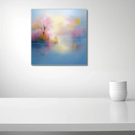 Soft-focus pastel abstract landscape with hazy trees and still water in rose, yellow, and blue tones