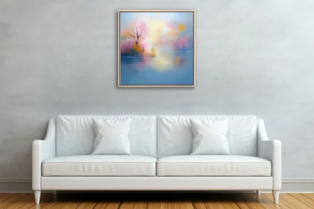 Soft-focus pastel abstract landscape with hazy trees and still water in rose, yellow, and blue tones