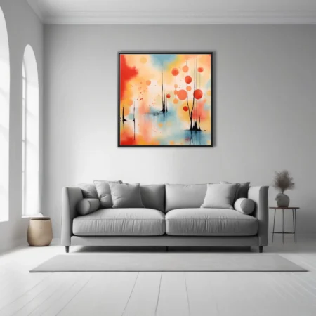 Abstract landscape with coral orbs, slender black stems, and pastel sky-blue water in watercolor-style washes