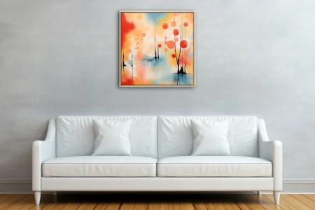 Abstract landscape with coral orbs, slender black stems, and pastel sky-blue water in watercolor-style washes