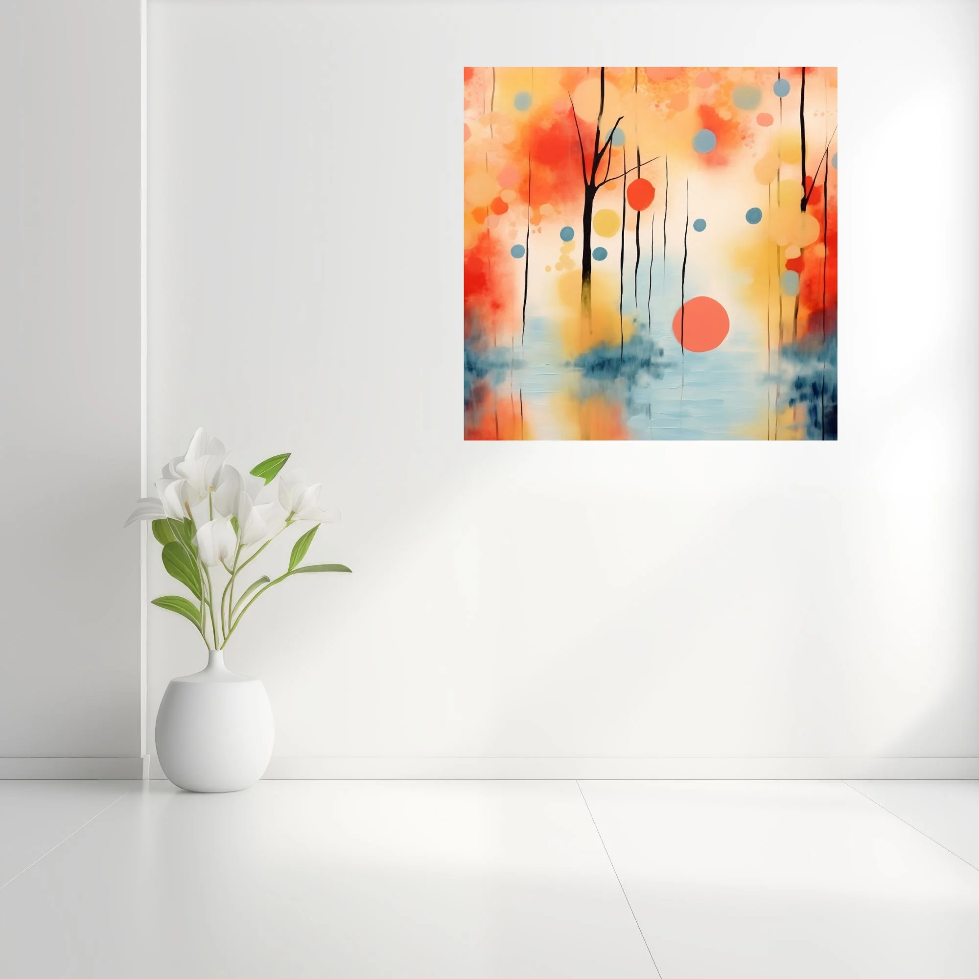 Abstract watercolor-style landscape with coral, amber, and blue tones
