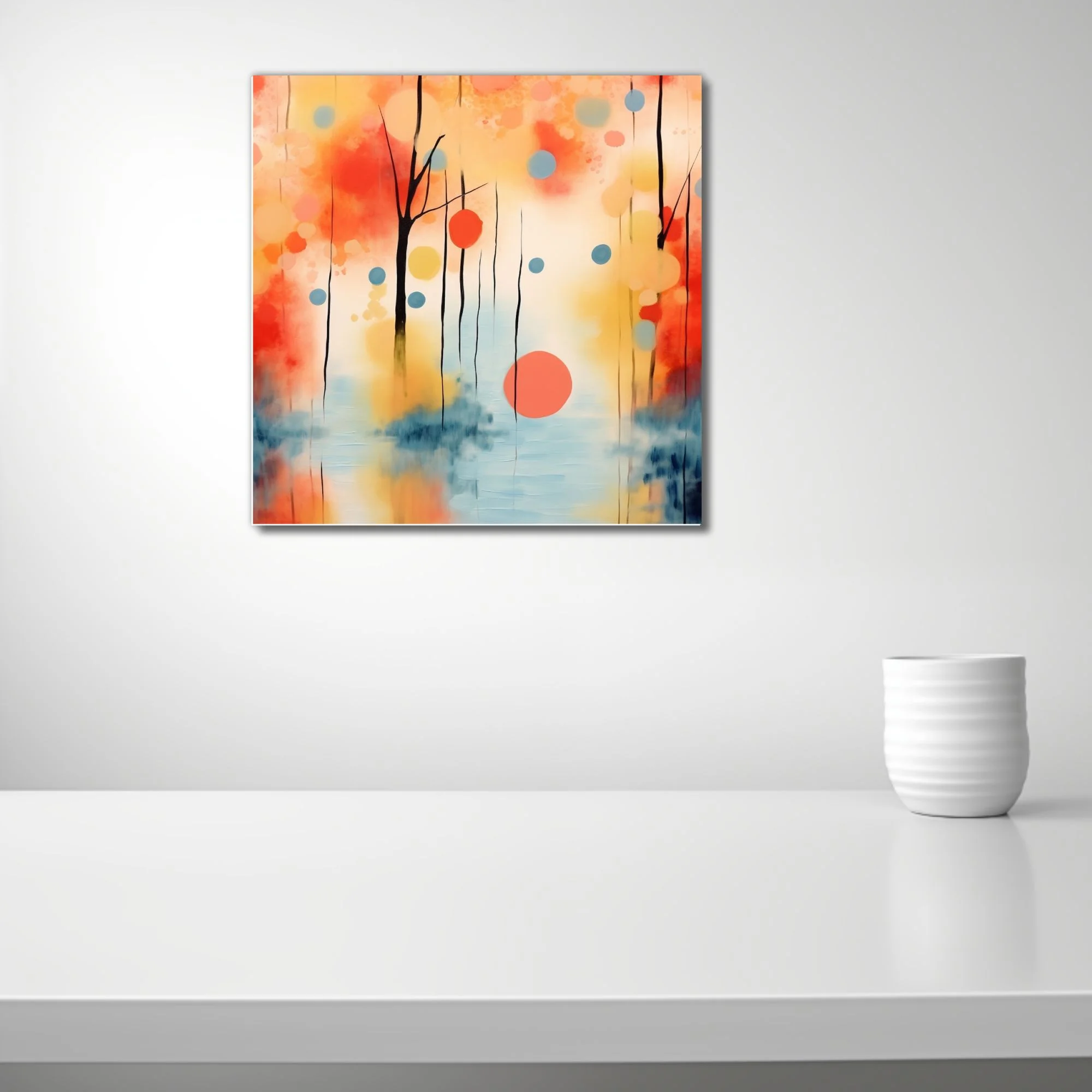 Abstract watercolor-style landscape with coral, amber, and blue tones