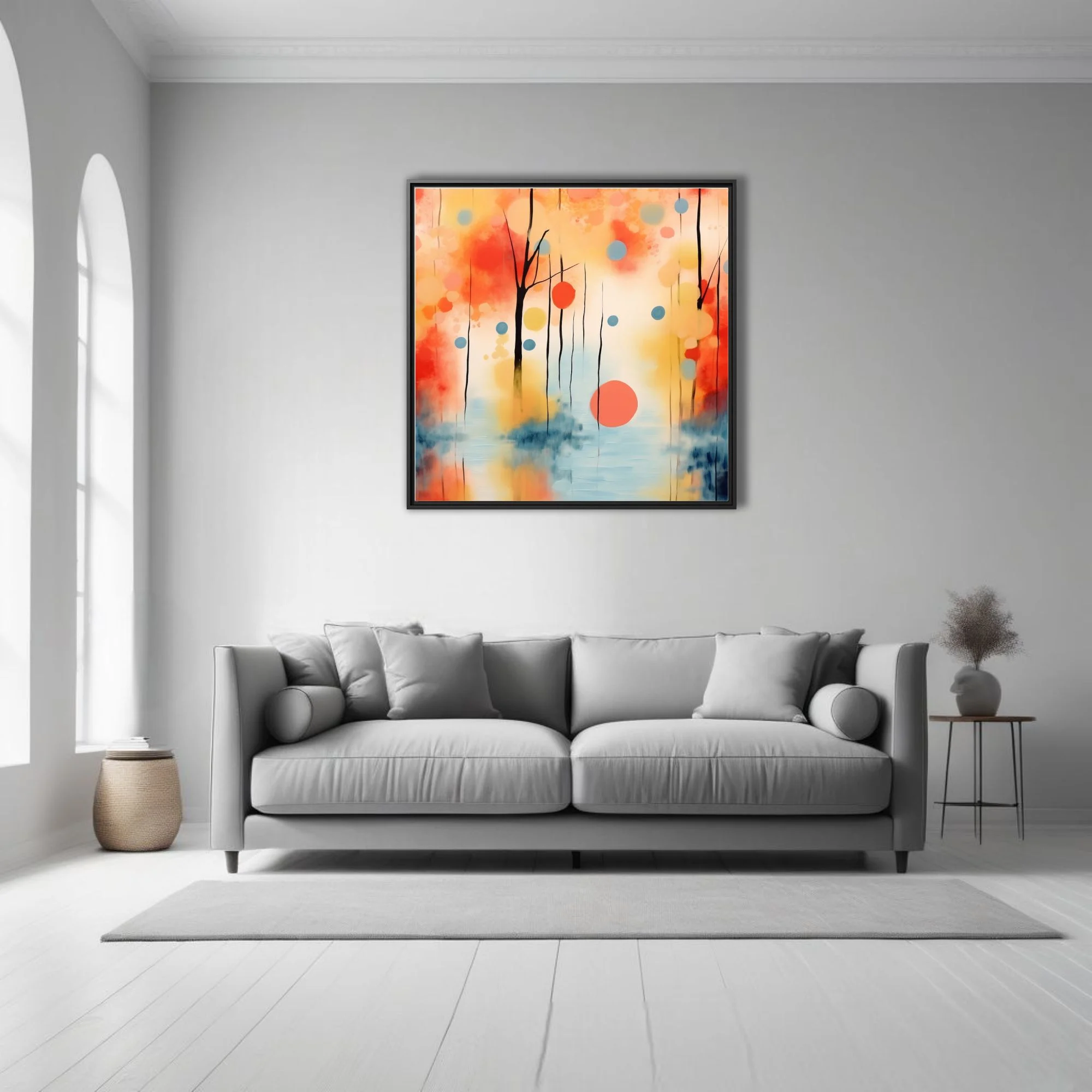 Abstract watercolor-style landscape with coral, amber, and blue tones