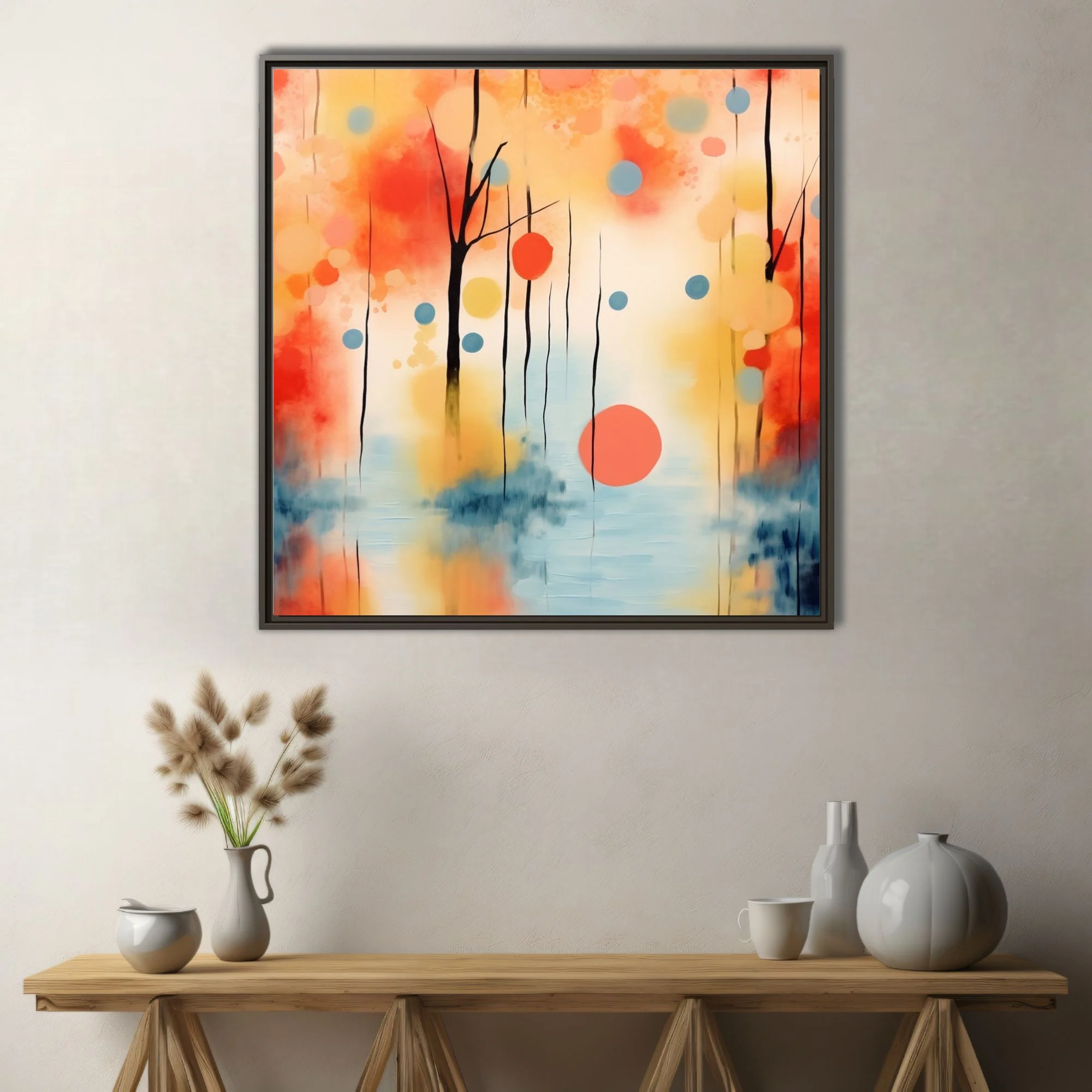 Abstract watercolor-style landscape with coral, amber, and blue tones