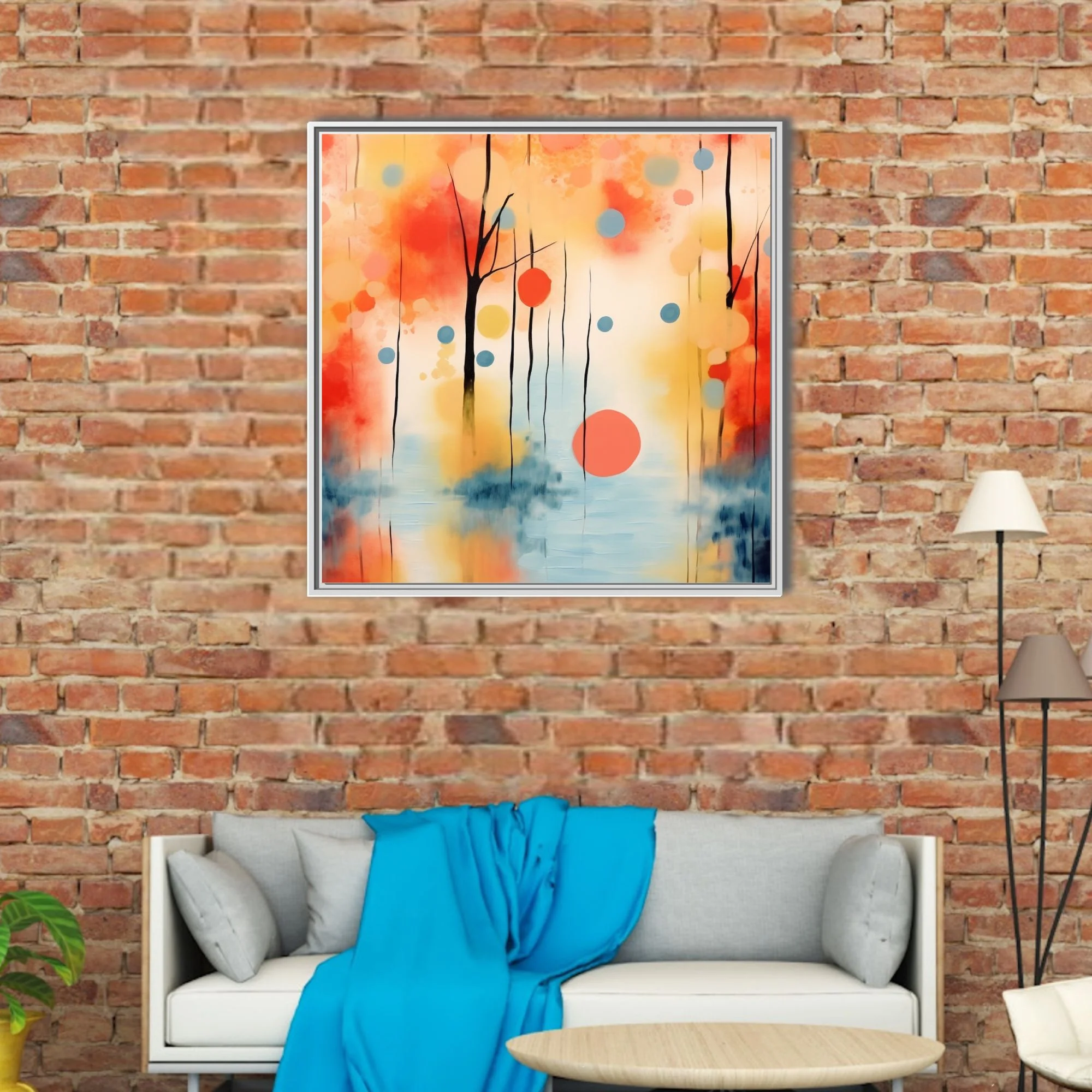 Abstract watercolor-style landscape with coral, amber, and blue tones