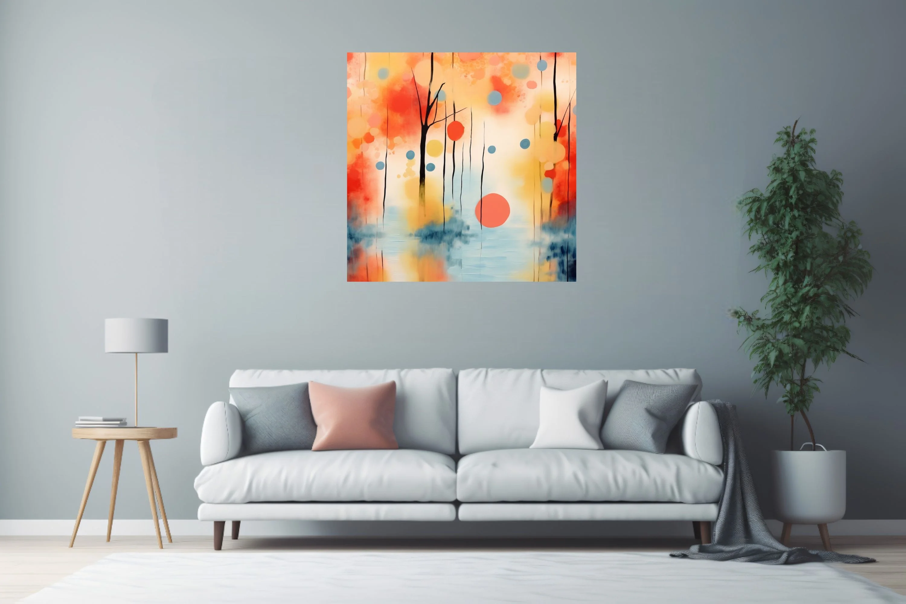 Abstract watercolor-style landscape with coral, amber, and blue tones