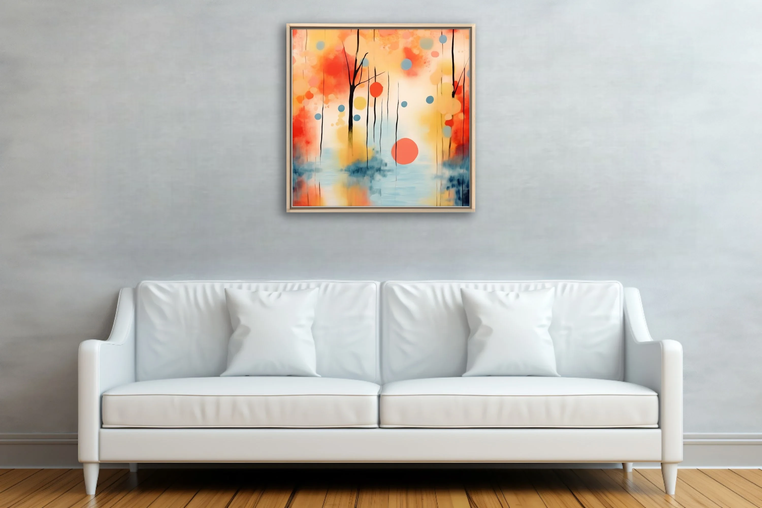 Abstract watercolor-style landscape with coral, amber, and blue tones
