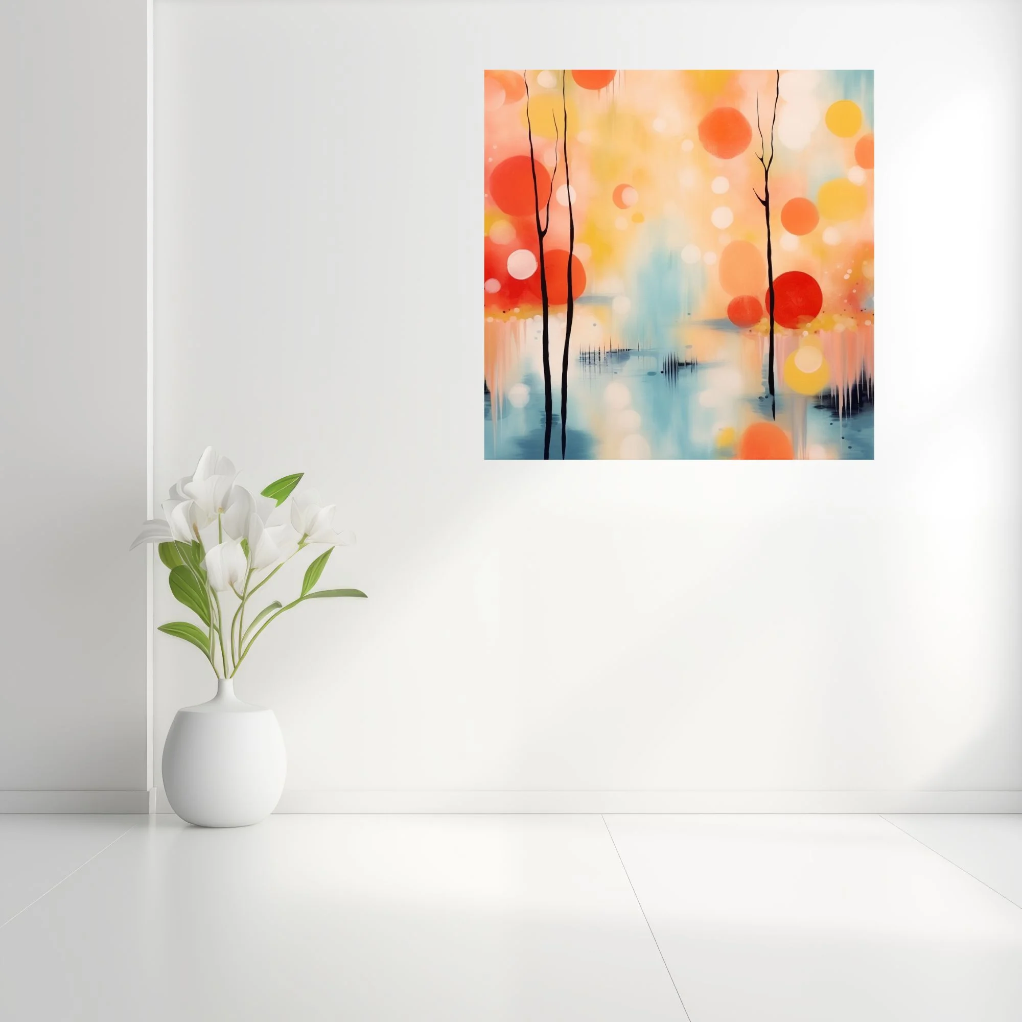 Contemporary abstract landscape with coral and yellow orb trees over soft blue reflective water