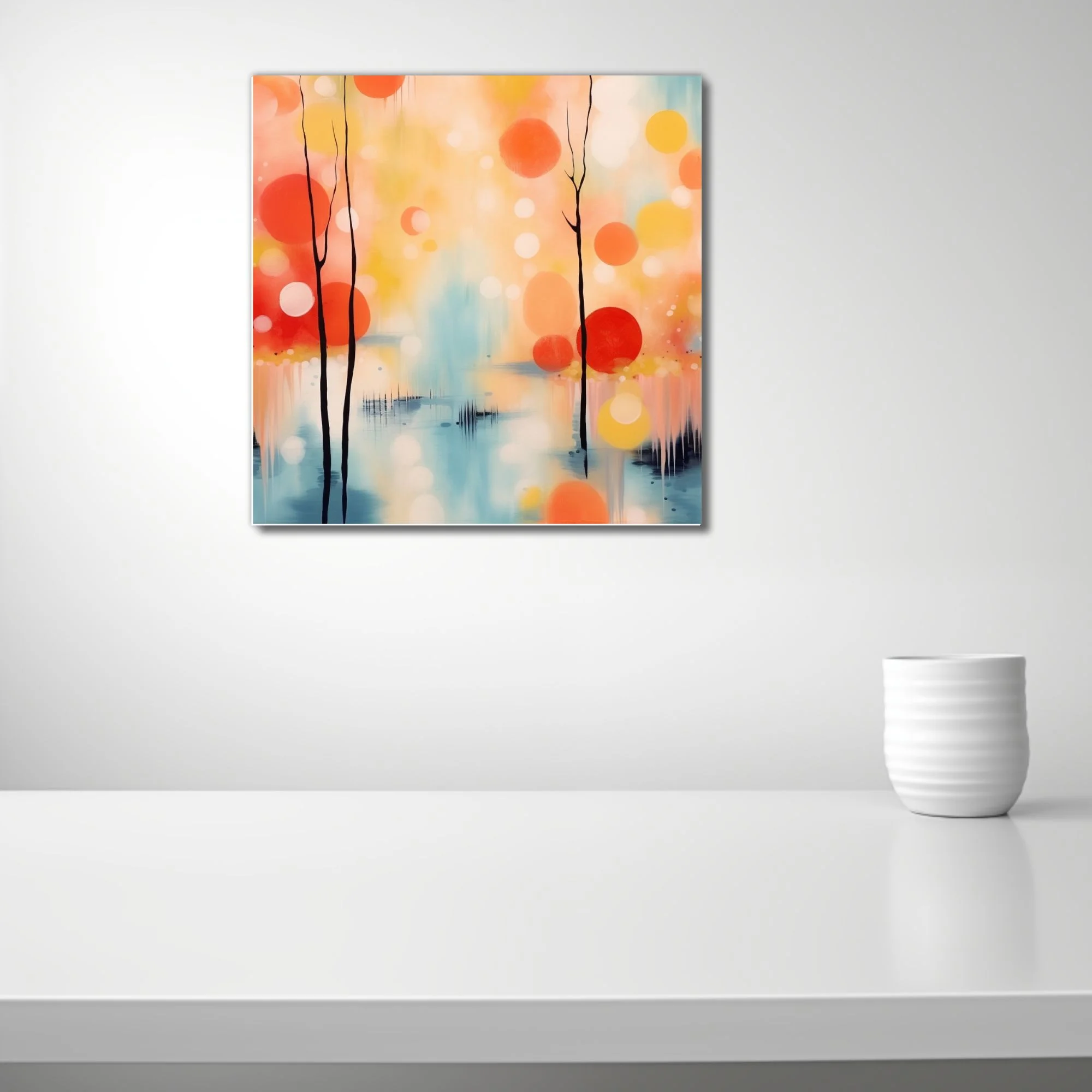 Contemporary abstract landscape with coral and yellow orb trees over soft blue reflective water