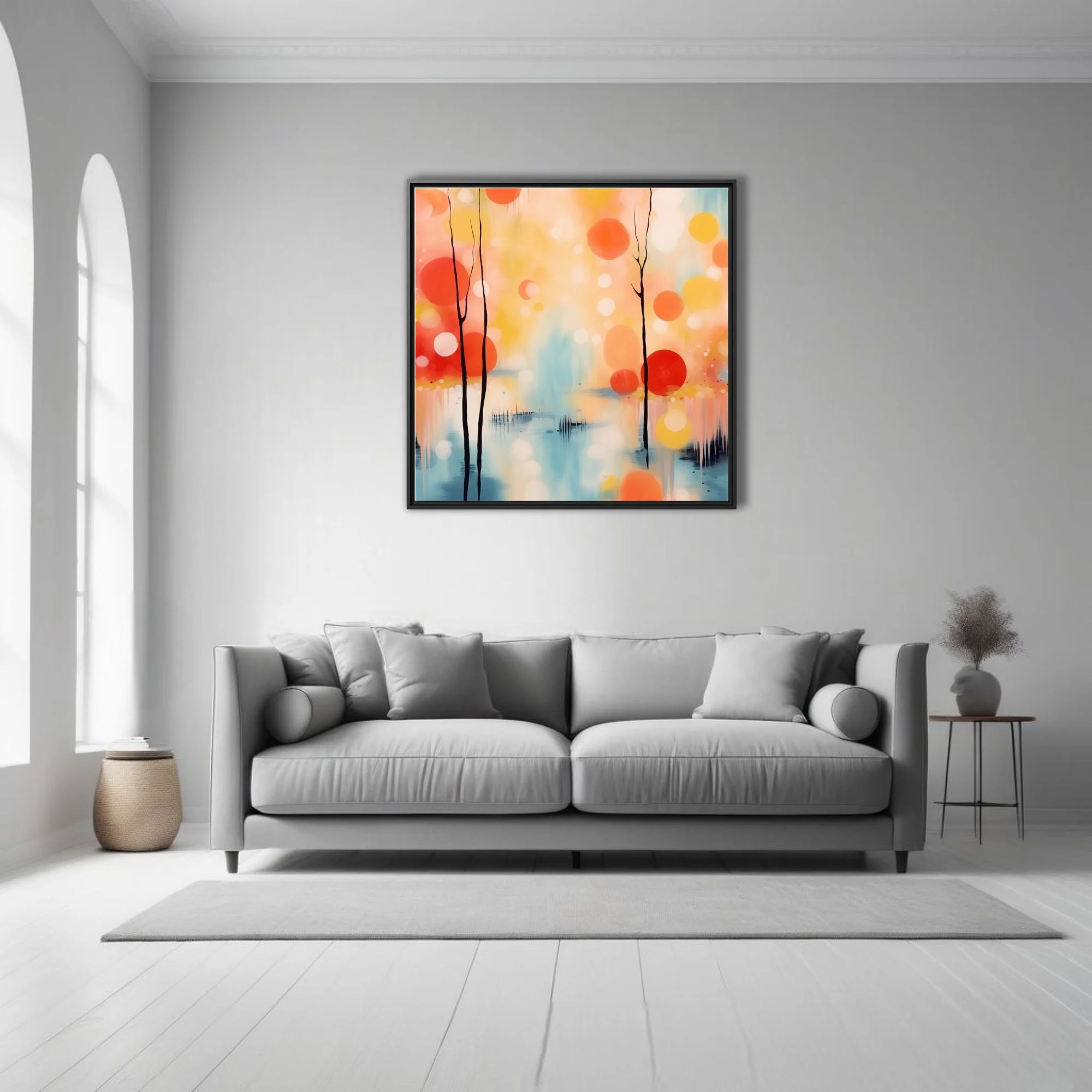 Contemporary abstract landscape with coral and yellow orb trees over soft blue reflective water