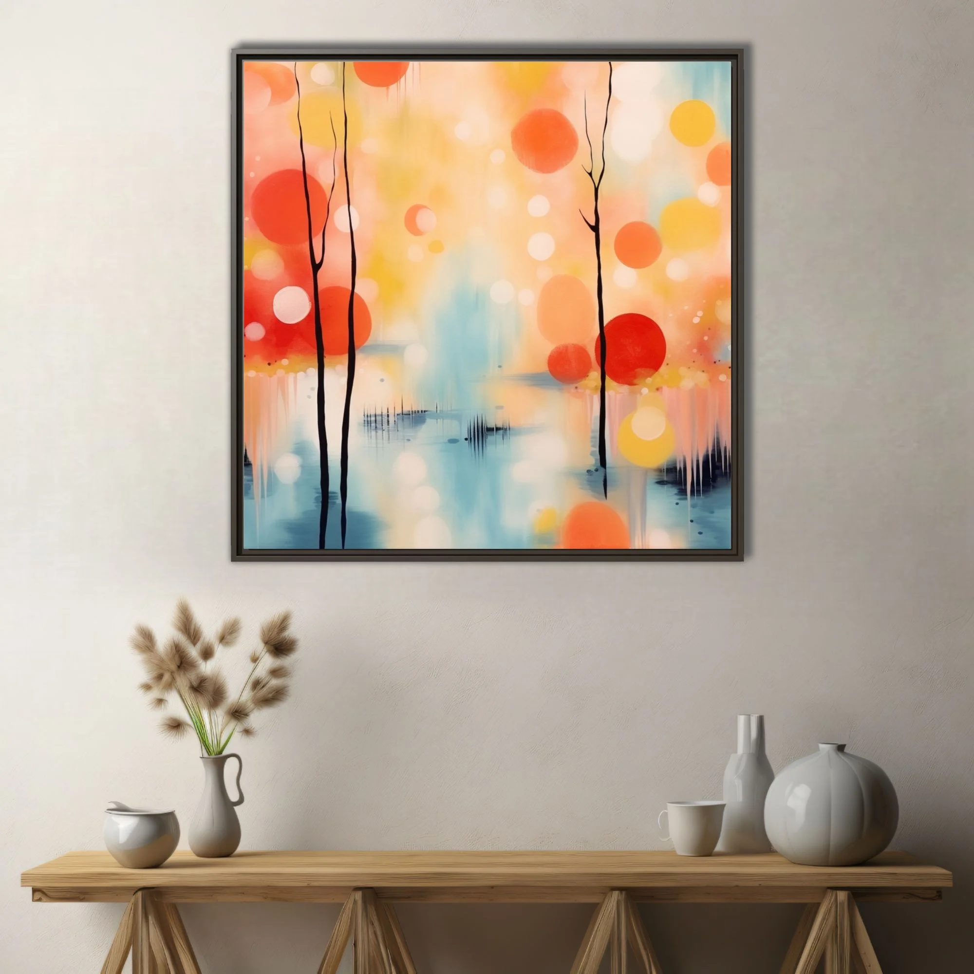 Contemporary abstract landscape with coral and yellow orb trees over soft blue reflective water