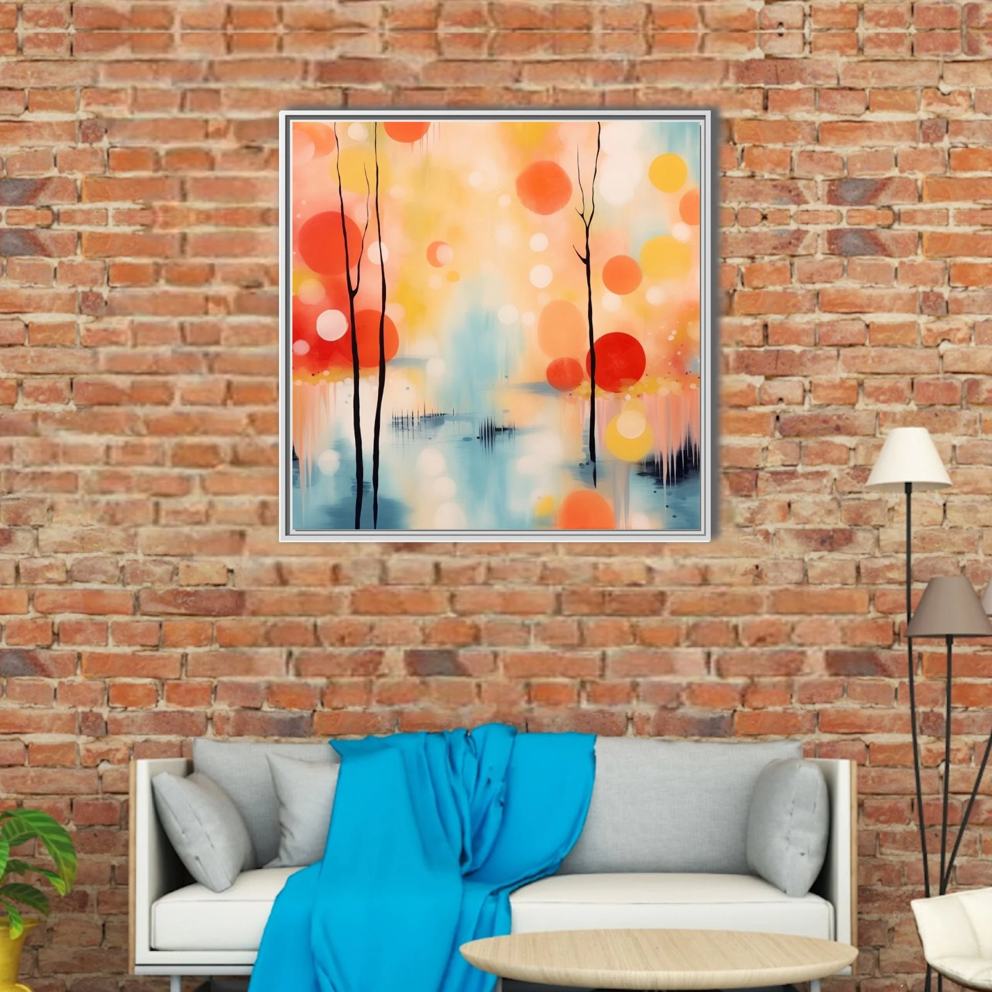 Contemporary abstract landscape with coral and yellow orb trees over soft blue reflective water