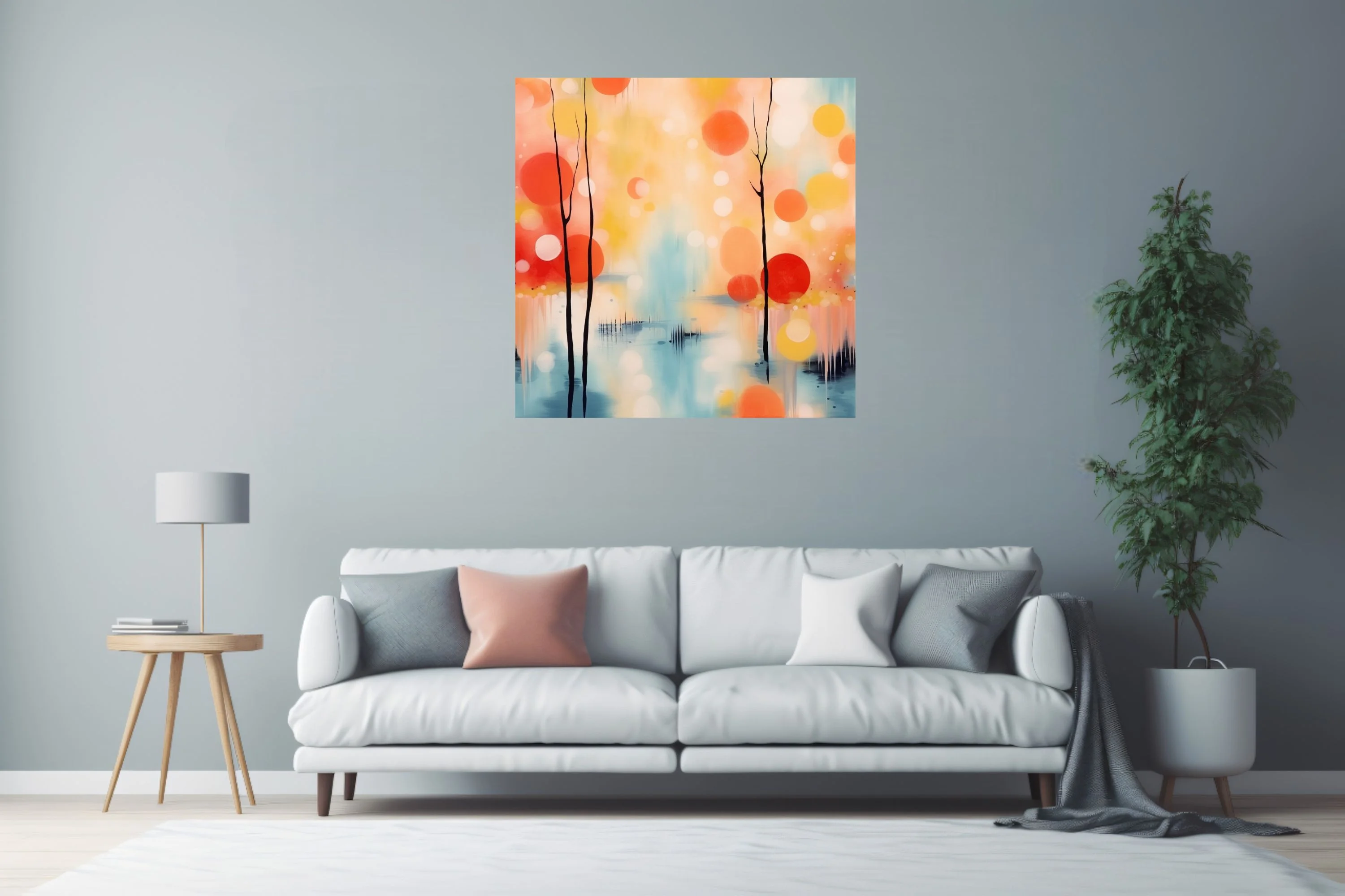 Contemporary abstract landscape with coral and yellow orb trees over soft blue reflective water