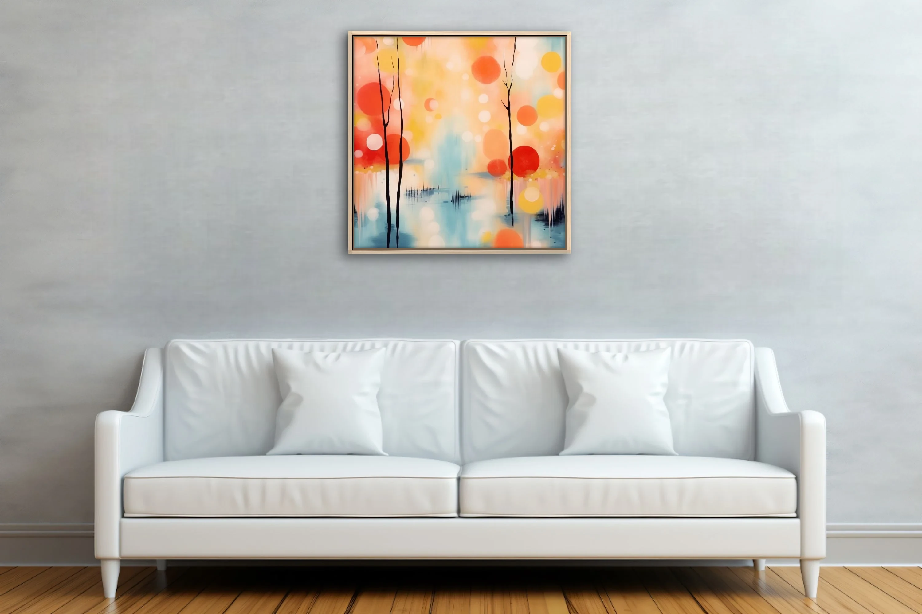 Contemporary abstract landscape with coral and yellow orb trees over soft blue reflective water