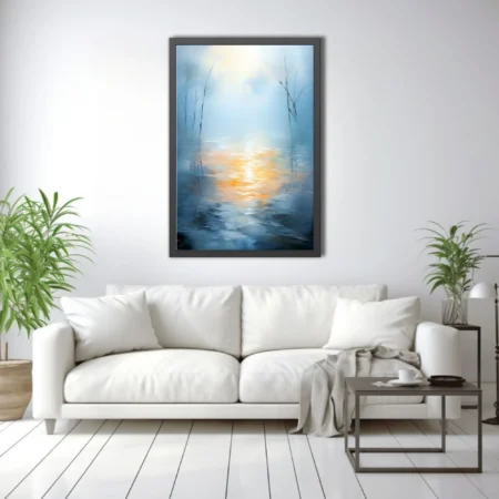 Dreamy blue and amber waterscape with reeds and golden reflections, soft-focus atmospheric abstract art