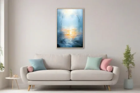 Dreamy blue and amber waterscape with reeds and golden reflections, soft-focus atmospheric abstract art