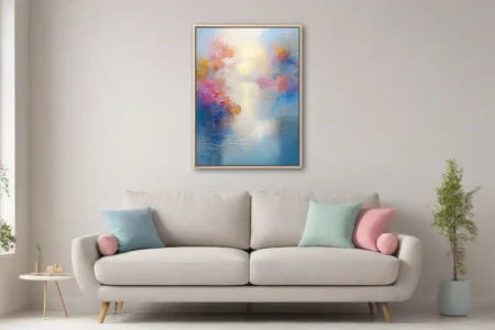 Soft-focus pastel landscape with pink and gold foliage, glowing sun, and reflective water
